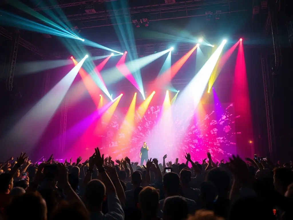 A behind-the-scenes shot of a live concert setup, highlighting SLOWMUSIC's technical coordination efforts.