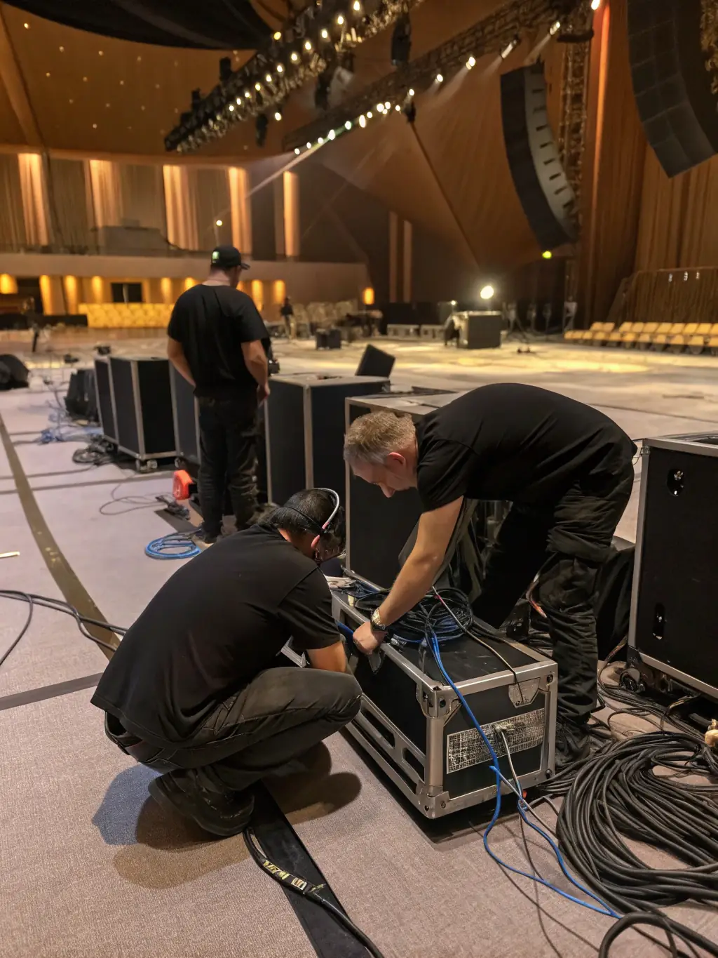 A photograph capturing a diverse group of volunteers setting up stage equipment before a SLOWMUSIC concert, highlighting the technical coordination aspect of the organization.